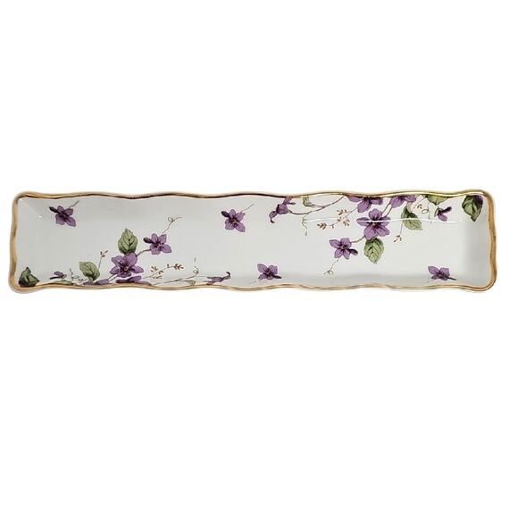 Lefton Vintage 1991 Set of Purple Floral China Dishes 2 Trinket Boxes and Clock - Picture 2 of 14